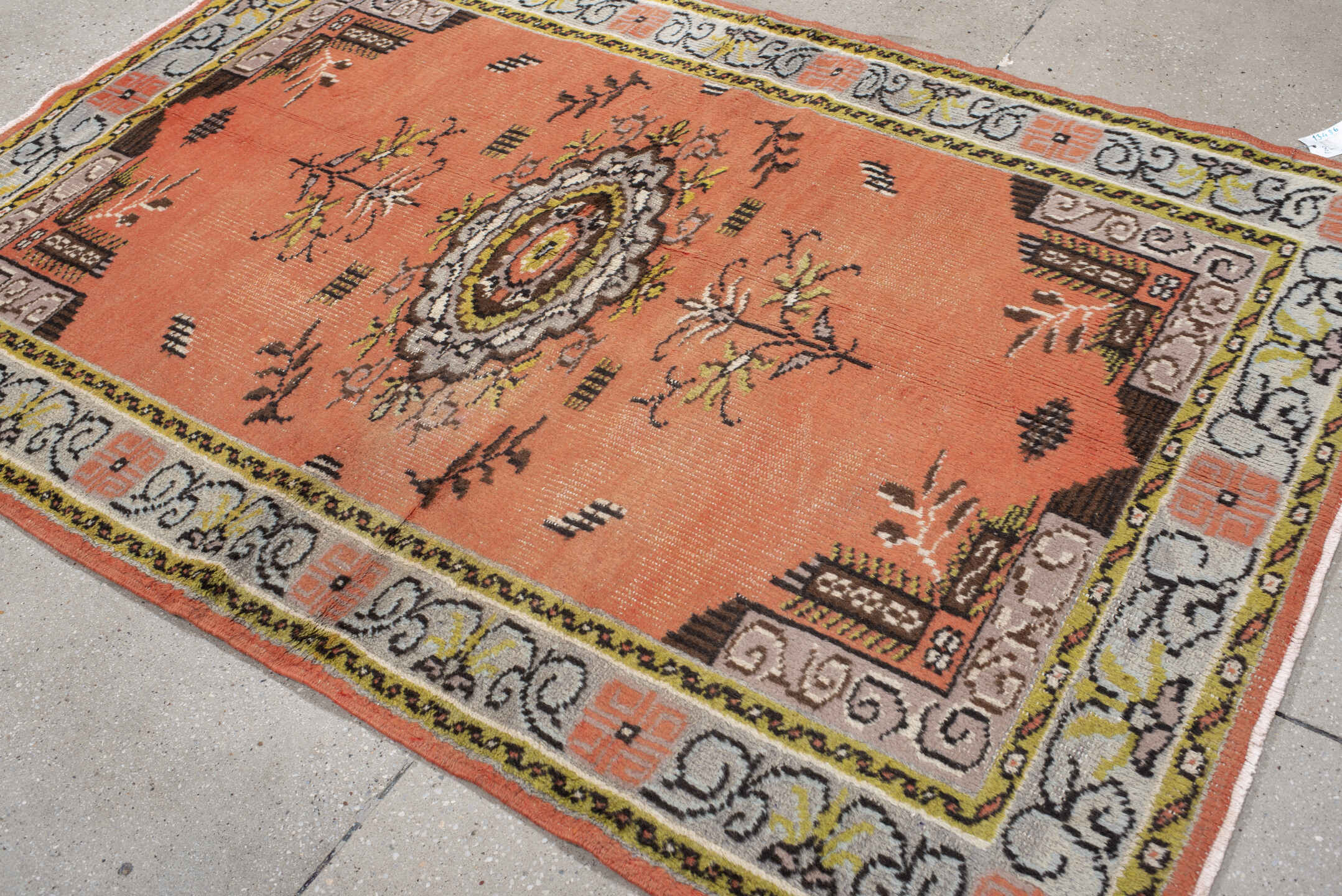 2' x 3' one-of-a-kind handmade vintage Oushak small size rug. Color palette: salmon, ivory, charcoal, olive, taupe, brown