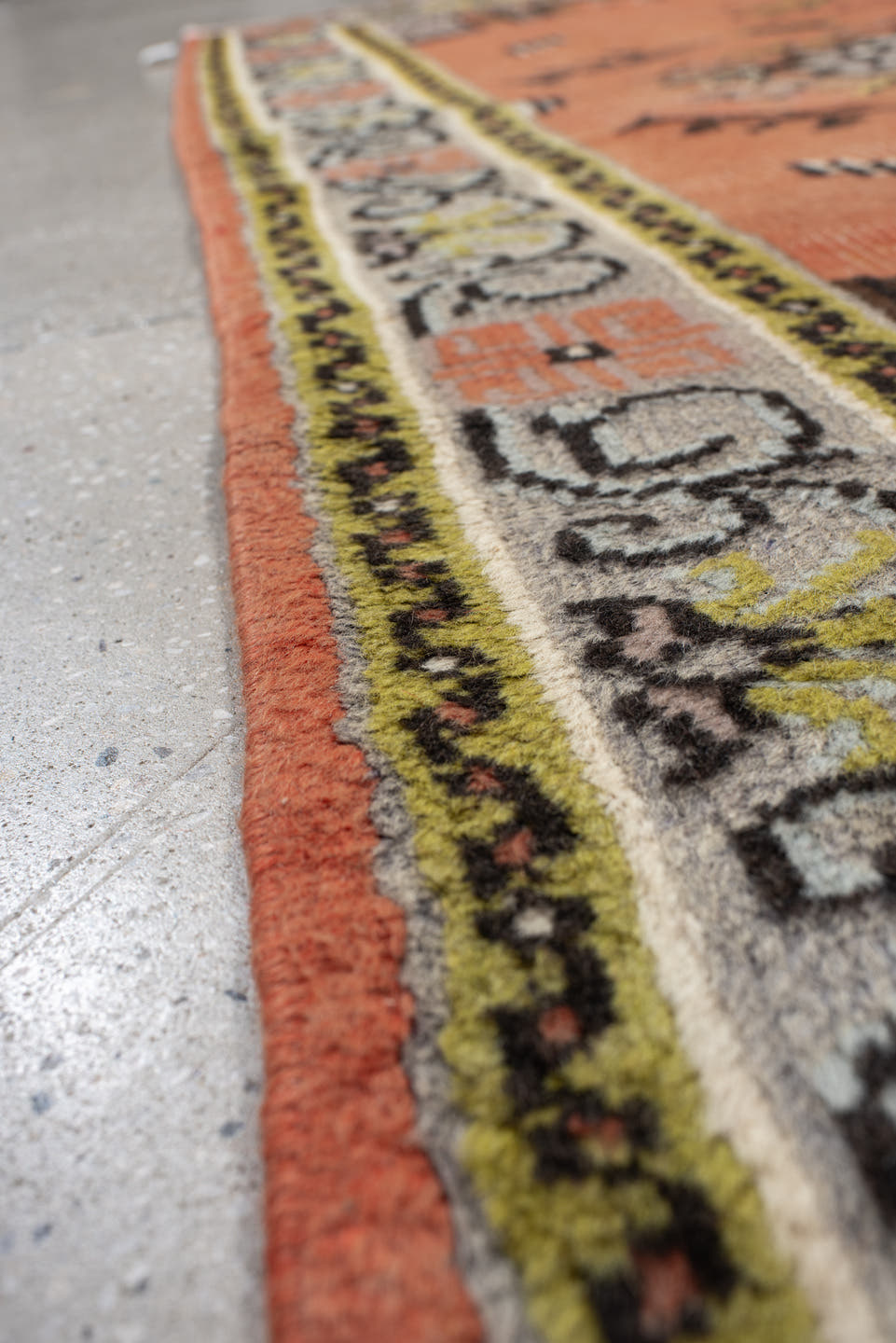 2' x 3' one-of-a-kind handmade vintage Oushak small size rug. Color palette: salmon, ivory, charcoal, olive, taupe, brown