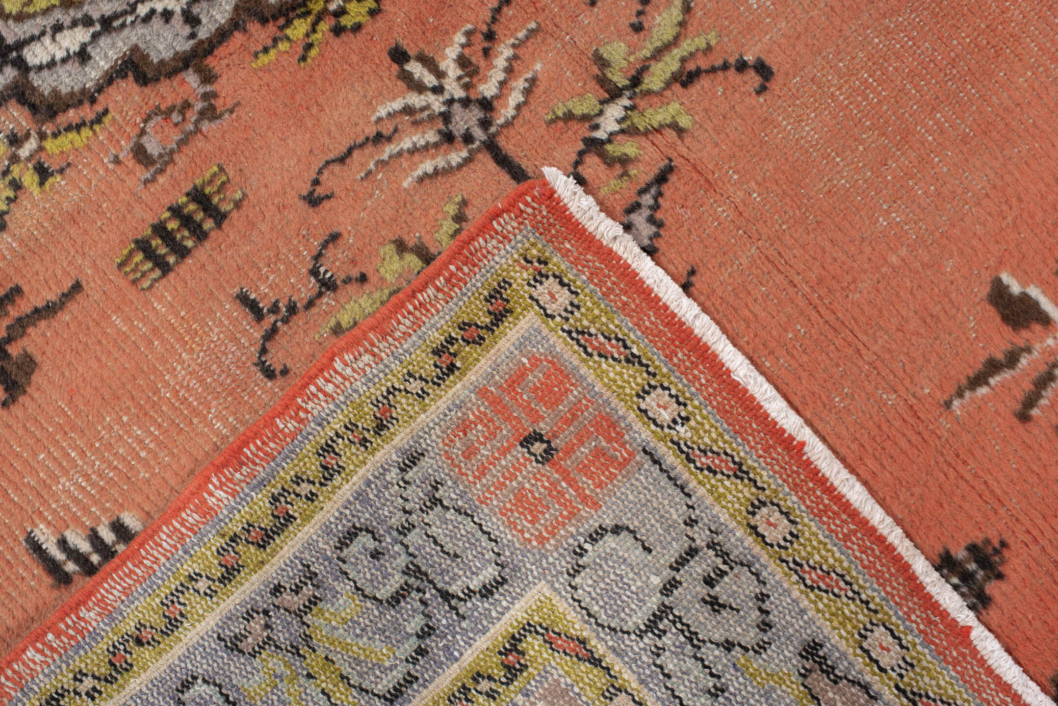2' x 3' one-of-a-kind handmade vintage Oushak small size rug. Color palette: salmon, ivory, charcoal, olive, taupe, brown