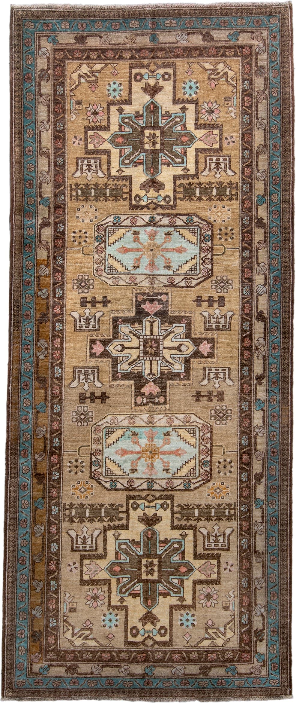 4' x 10' one-of-a-kind handmade vintage Sarab runner rug. Color palette: camel, brown, ivory, sky_blue, taupe, rose