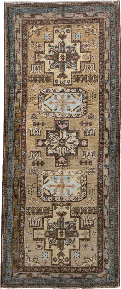 4' x 10' one-of-a-kind handmade vintage Sarab runner rug. Color palette: camel, brown, ivory, sky_blue, taupe, rose