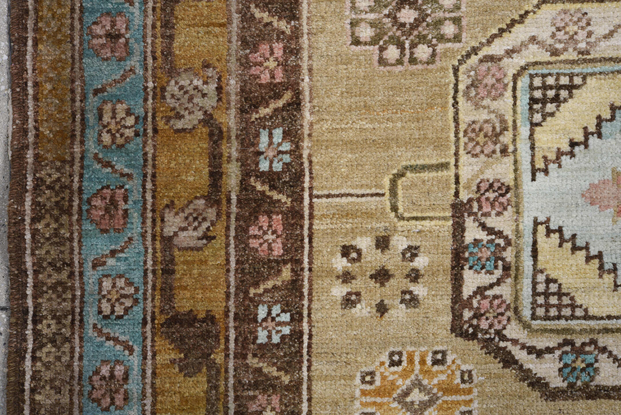 4' x 10' one-of-a-kind handmade vintage Sarab runner rug. Color palette: camel, brown, ivory, sky_blue, taupe, rose