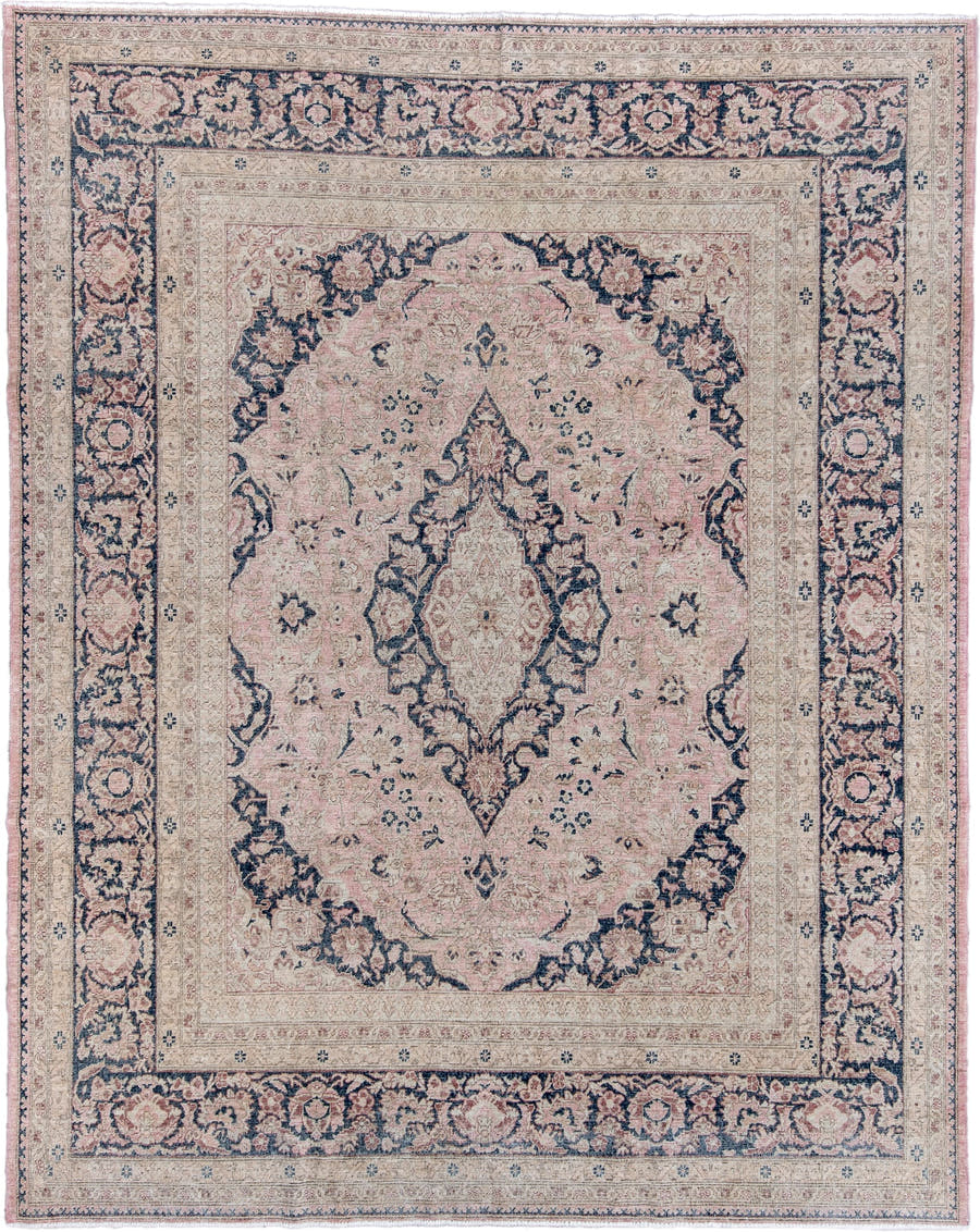 8' x 10' one-of-a-kind handmade vintage Tabriz large size rug. Color palette: ivory, blush, navy, dusty rose, beige, slate