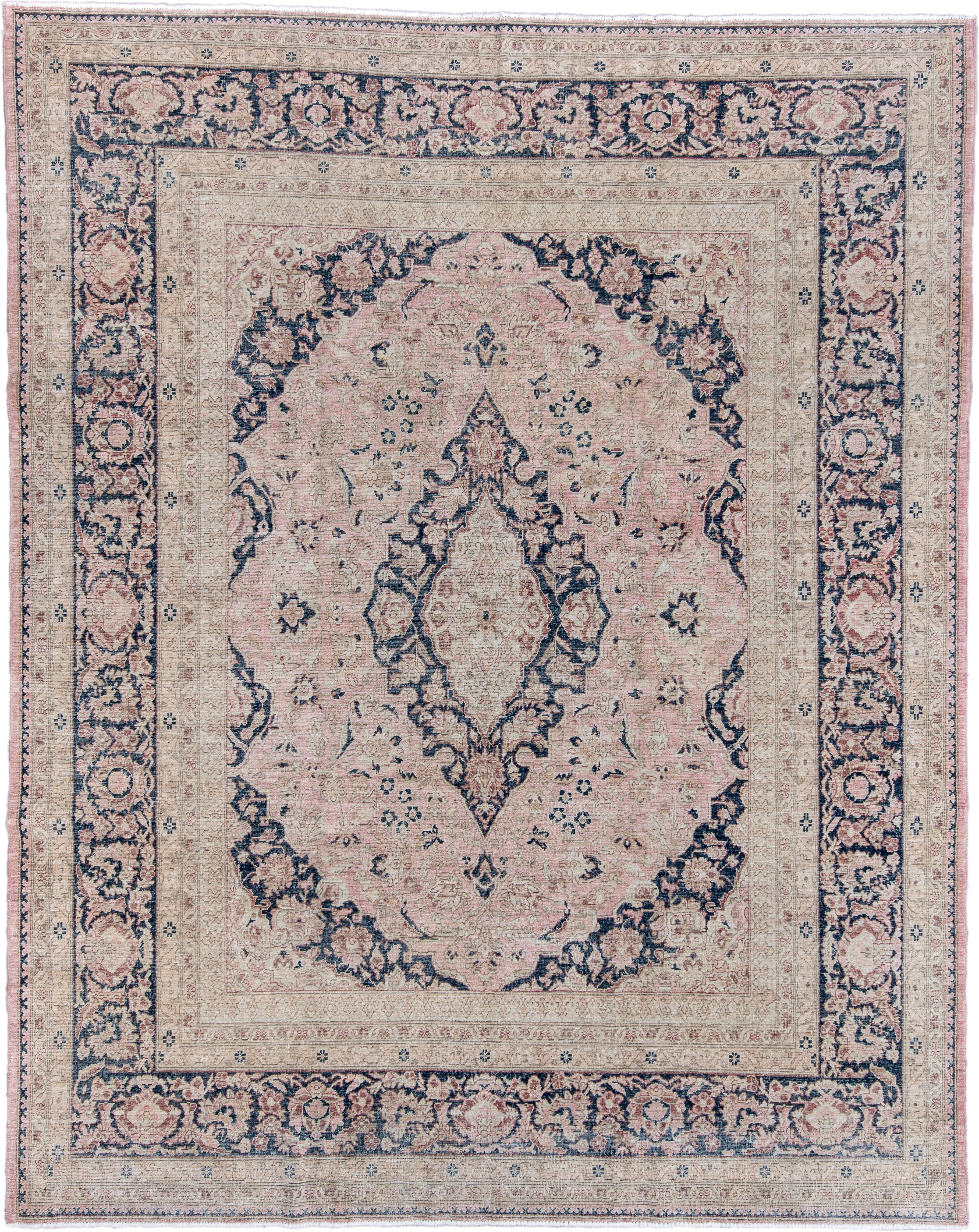 8' x 10' one-of-a-kind handmade vintage Tabriz large size rug. Color palette: ivory, blush, navy, dusty rose, beige, slate