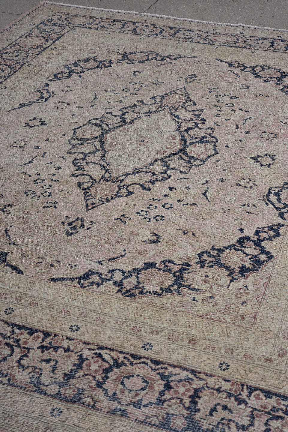 8' x 10' one-of-a-kind handmade vintage Tabriz large size rug. Color palette: ivory, blush, navy, dusty rose, beige, slate