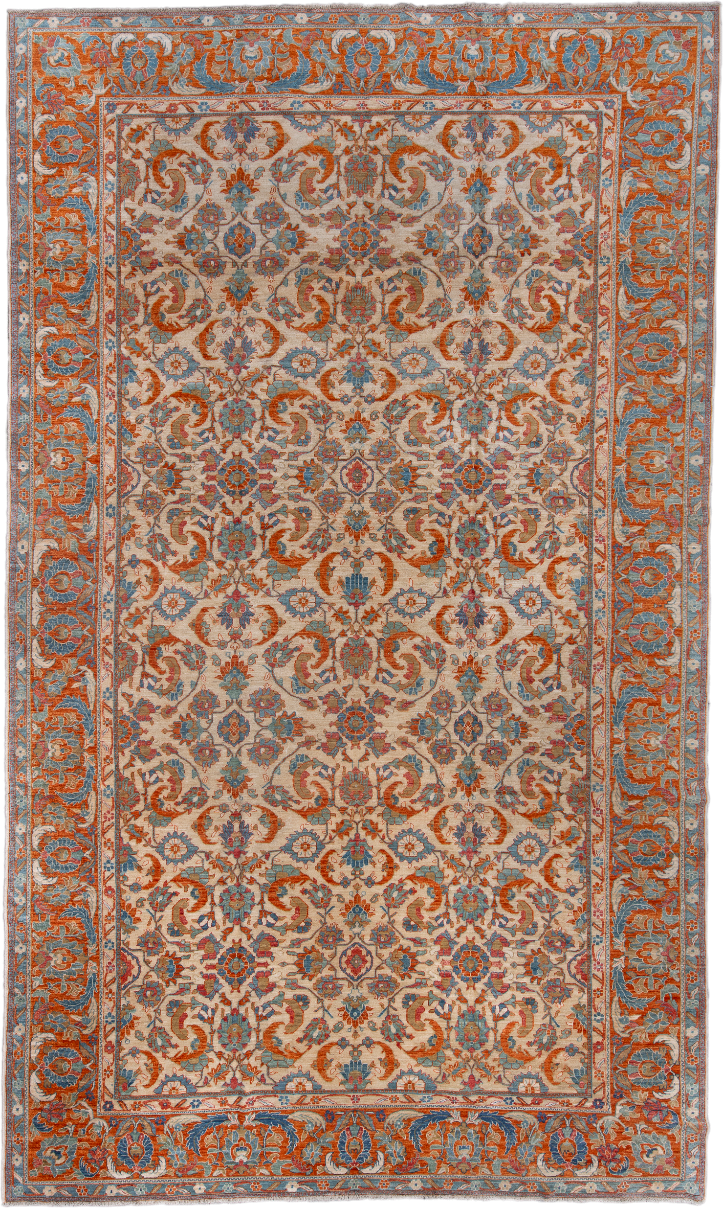 9' x 16' one-of-a-kind handmade vintage Tabriz rug. Color palette: ivory, sky blue, rust, terra cotta, slate, rose, camel