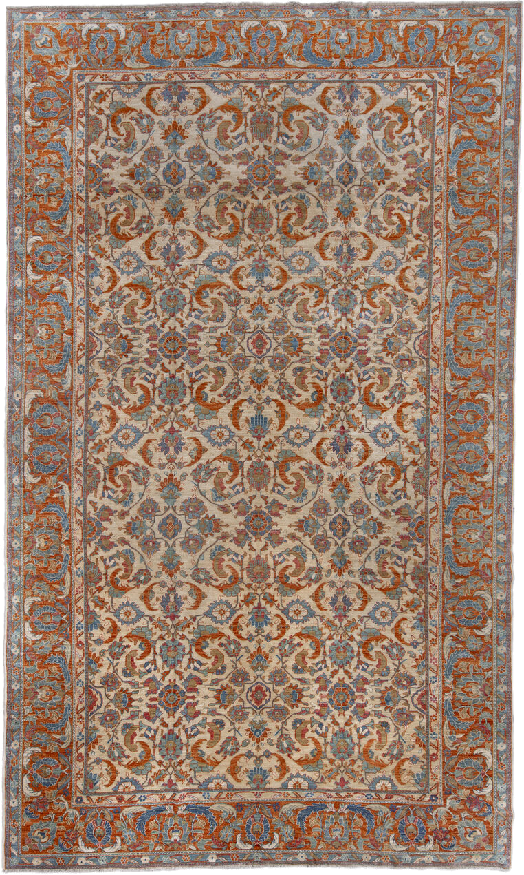 9' x 16' one-of-a-kind handmade vintage Tabriz rug. Color palette: ivory, sky blue, rust, terra cotta, slate, rose, camel