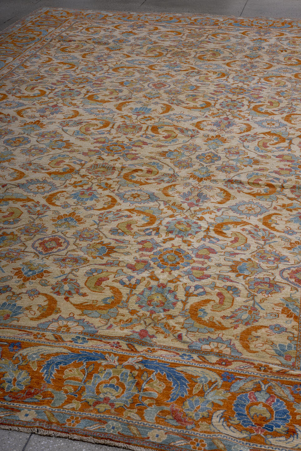 9' x 16' one-of-a-kind handmade vintage Tabriz rug. Color palette: ivory, sky blue, rust, terra cotta, slate, rose, camel