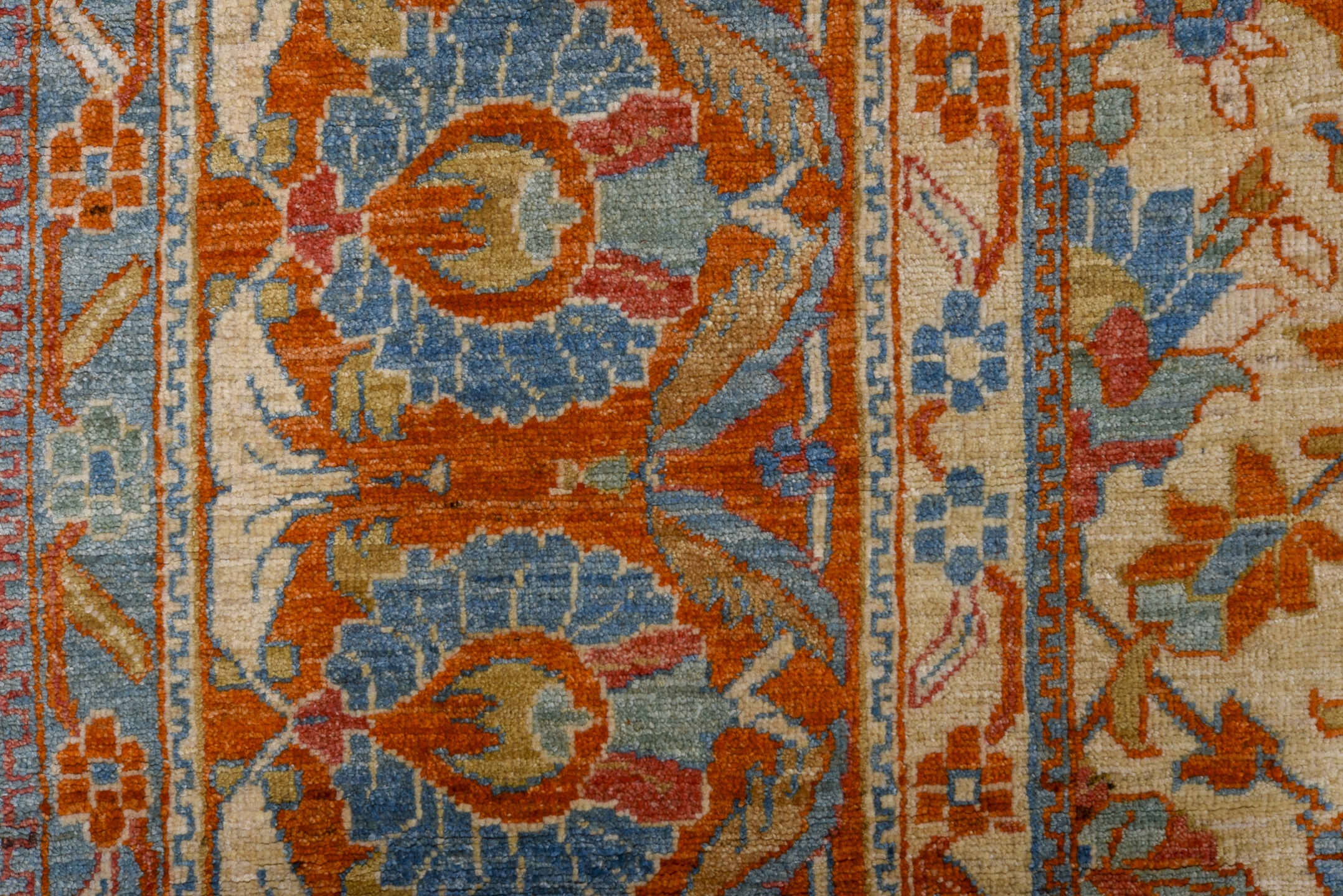 9' x 16' one-of-a-kind handmade vintage Tabriz rug. Color palette: ivory, sky blue, rust, terra cotta, slate, rose, camel