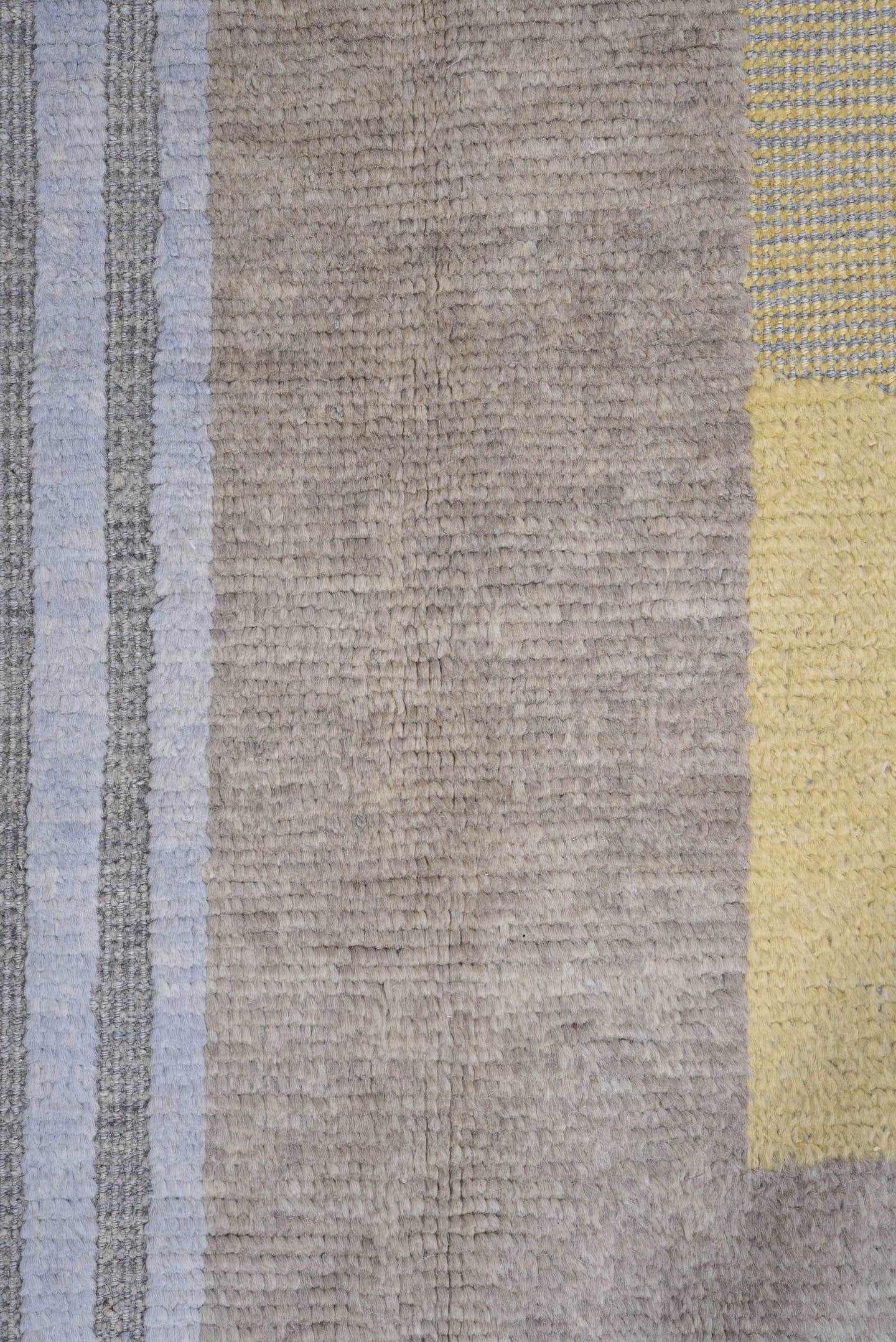 6' x 9' one-of-a-kind handmade vintage Tulu medium size rug. Color palette: pale blue, ivory, taupe, gray, muted gold