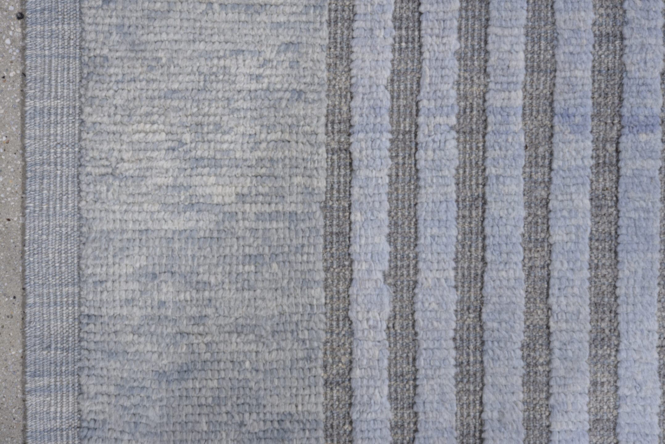 6' x 9' one-of-a-kind handmade vintage Tulu medium size rug. Color palette: pale blue, ivory, taupe, gray, muted gold