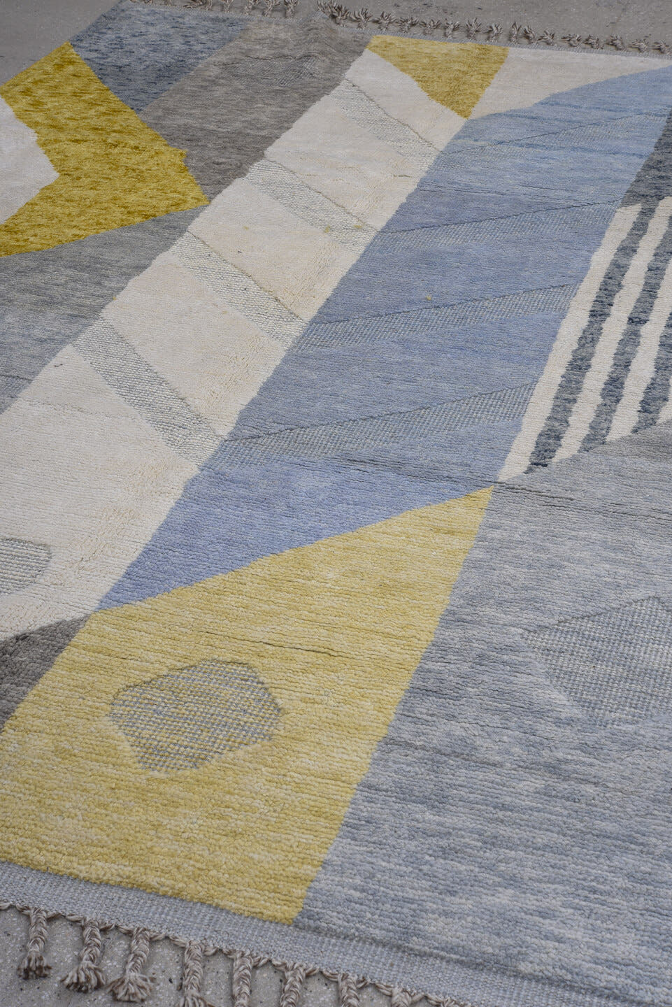 6' x 10' one-of-a-kind handmade vintage Tulu large size rug. Color palette: ivory, pale blue, gray, gold, slate, light blue
