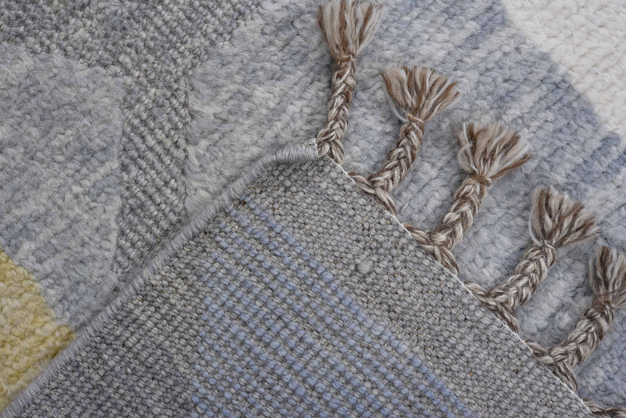 6' x 10' one-of-a-kind handmade vintage Tulu large size rug. Color palette: ivory, pale blue, gray, gold, slate, light blue