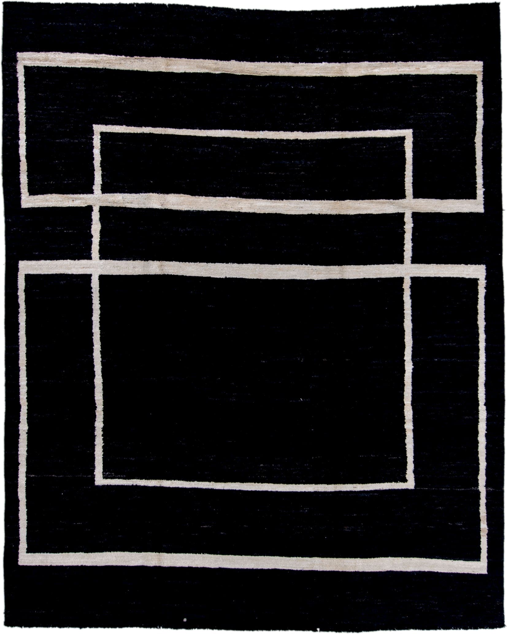 7' x 9' one-of-a-kind handmade vintage Tulu large size rug. Color palette: black, ivory
