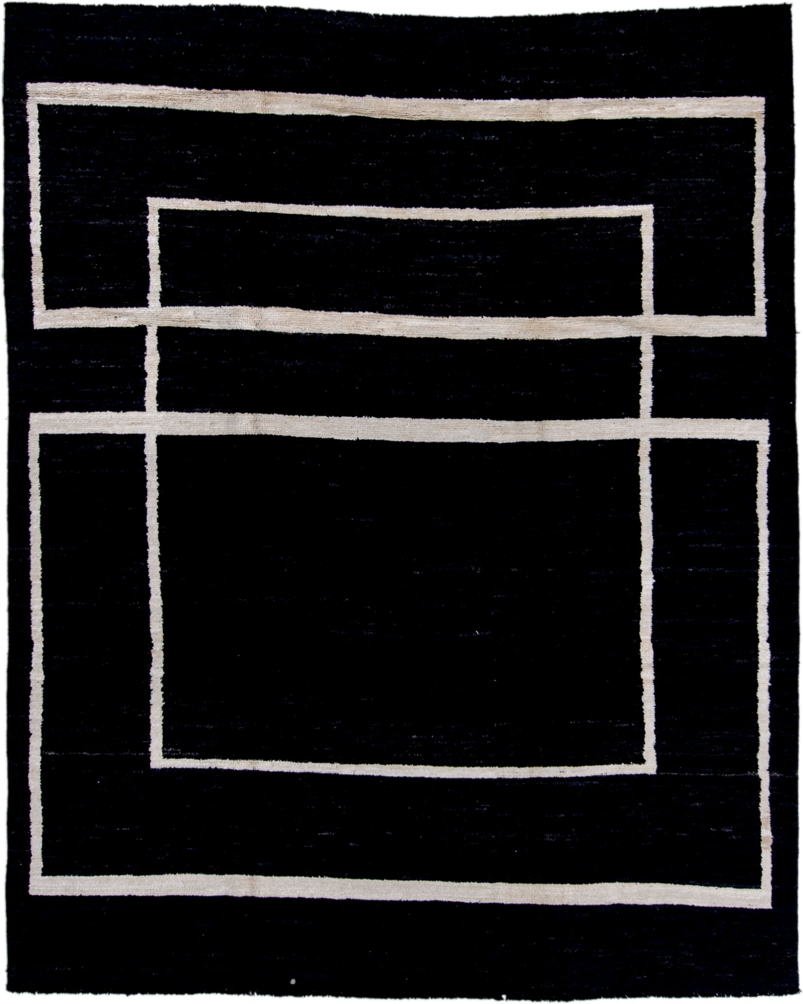 7' x 9' one-of-a-kind handmade vintage Tulu large size rug. Color palette: black, ivory