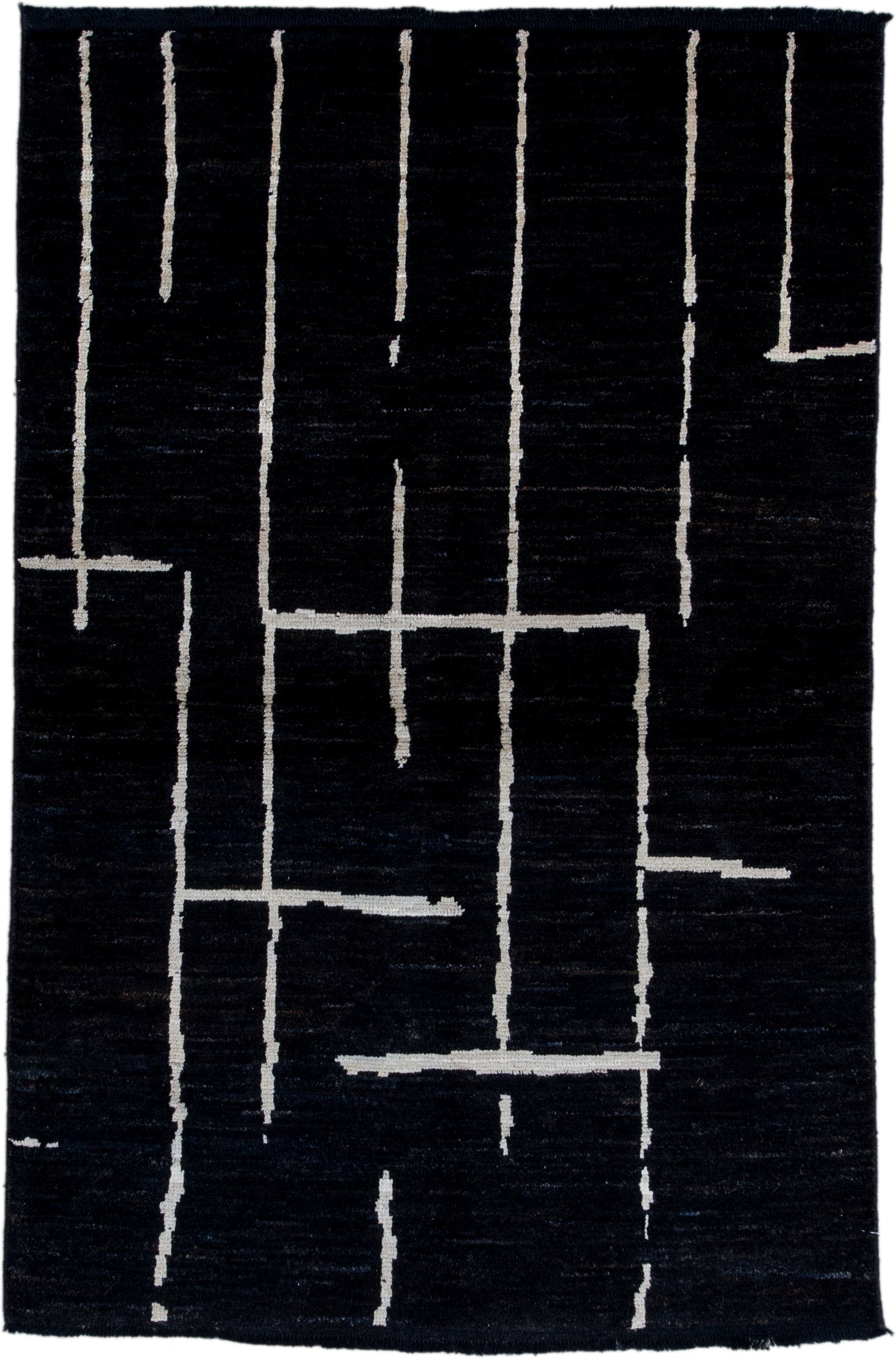 4' x 6' one-of-a-kind handmade vintage Tulu small size rug. Color palette: black, ivory