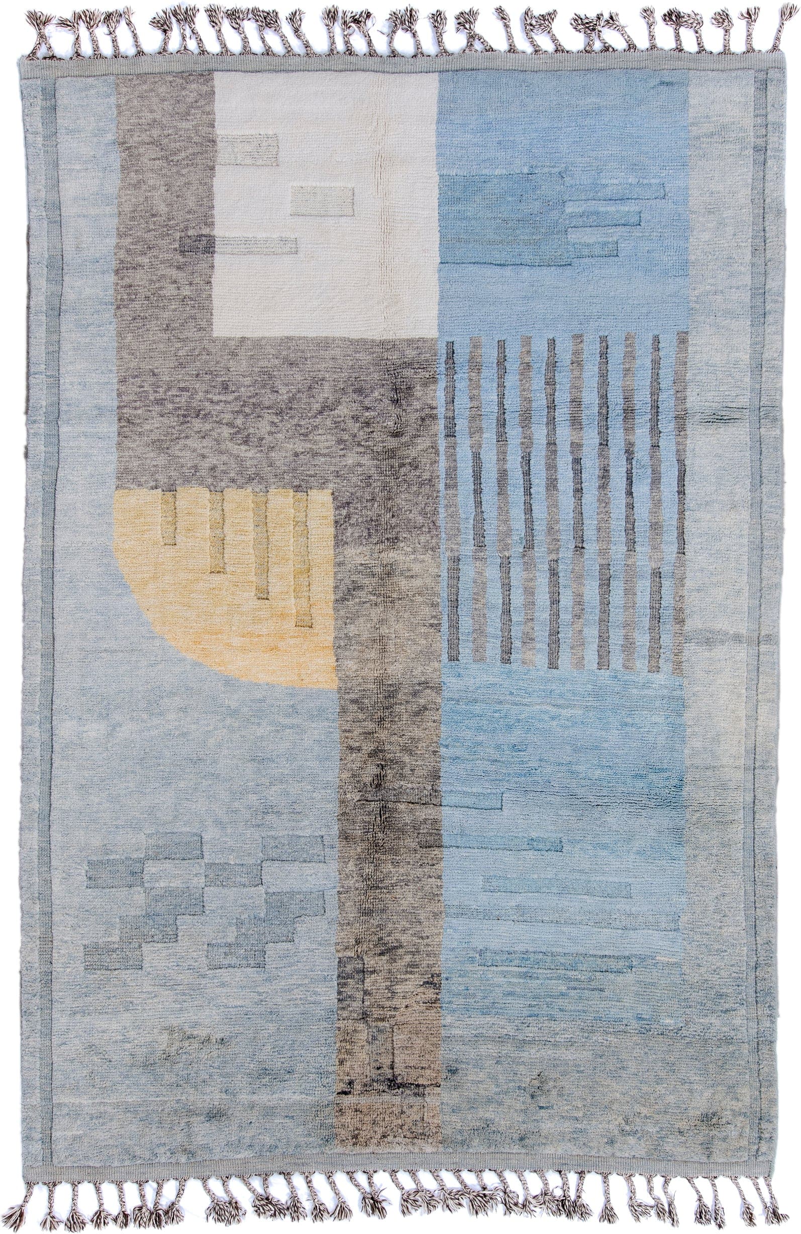 6' x 10' one-of-a-kind handmade vintage Tulu large size rug. Color palette: pale blue, charcoal, ivory, light gray