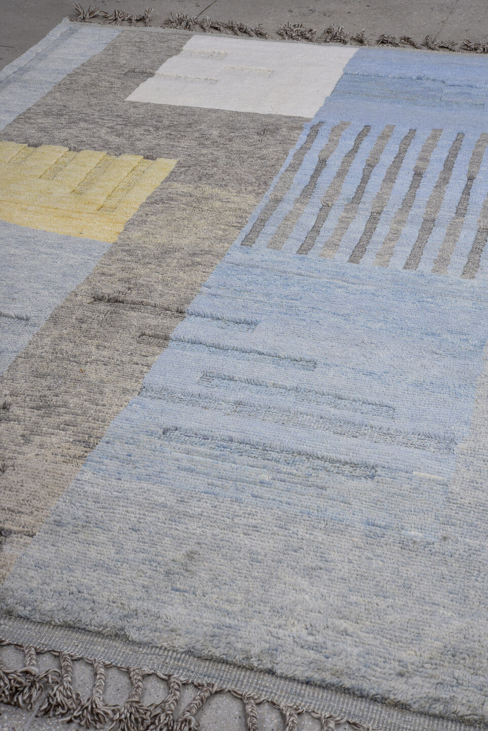 6' x 10' one-of-a-kind handmade vintage Tulu large size rug. Color palette: pale blue, charcoal, ivory, light gray