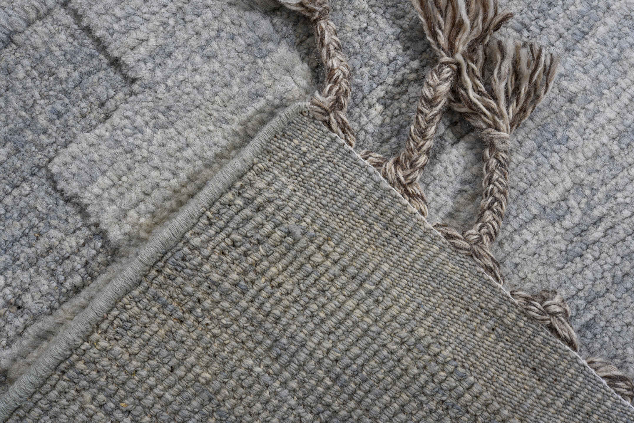 6' x 10' one-of-a-kind handmade vintage Tulu large size rug. Color palette: pale blue, charcoal, ivory, light gray