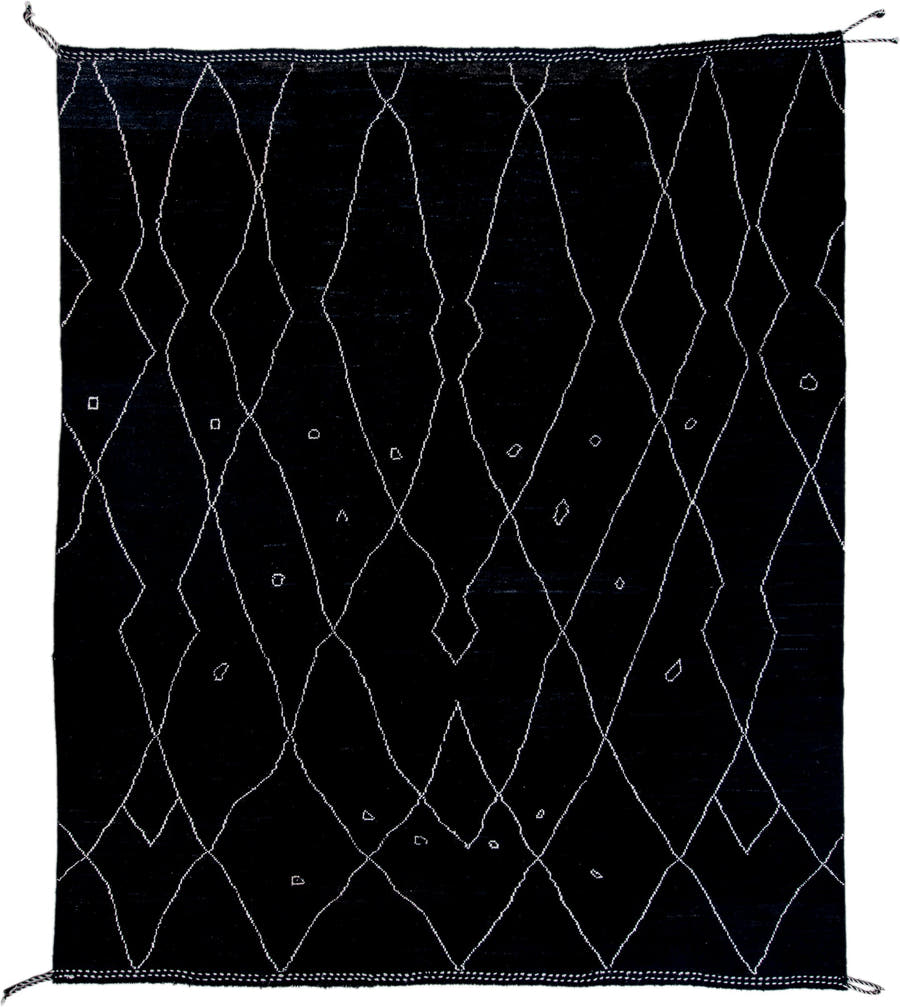 8' x 9' one-of-a-kind handmade vintage Tulu rug. Color palette: black, ivory