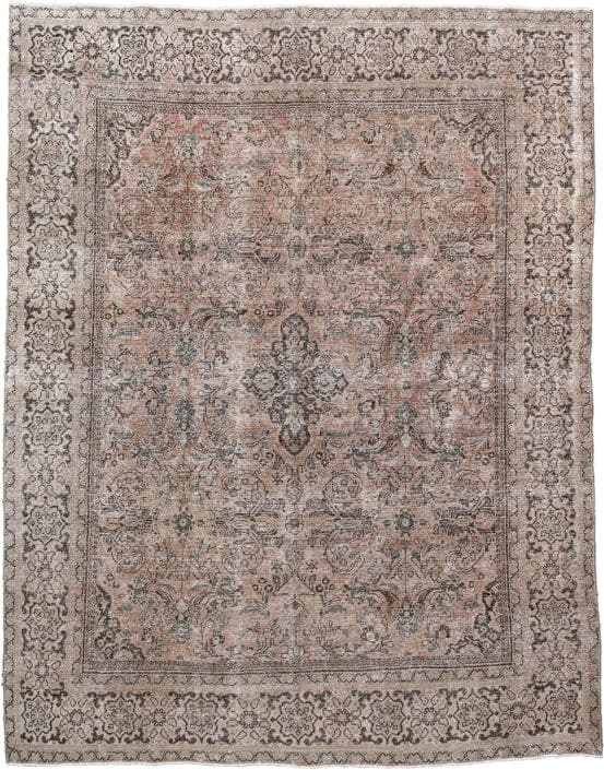9' x 12' one-of-a-kind handmade vintage Mahal large size rug. Color palette: ivory, taupe, charcoal, blush, beige, slate