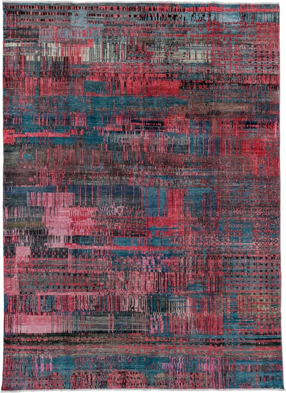 9' x 13' one-of-a-kind handmade handmade Contemporary large size rug. Color palette: charcoal, rose, slate, crimson, blue