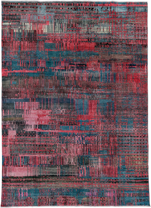 9' x 13' one-of-a-kind handmade handmade Contemporary large size rug. Color palette: charcoal, rose, slate, crimson, blue