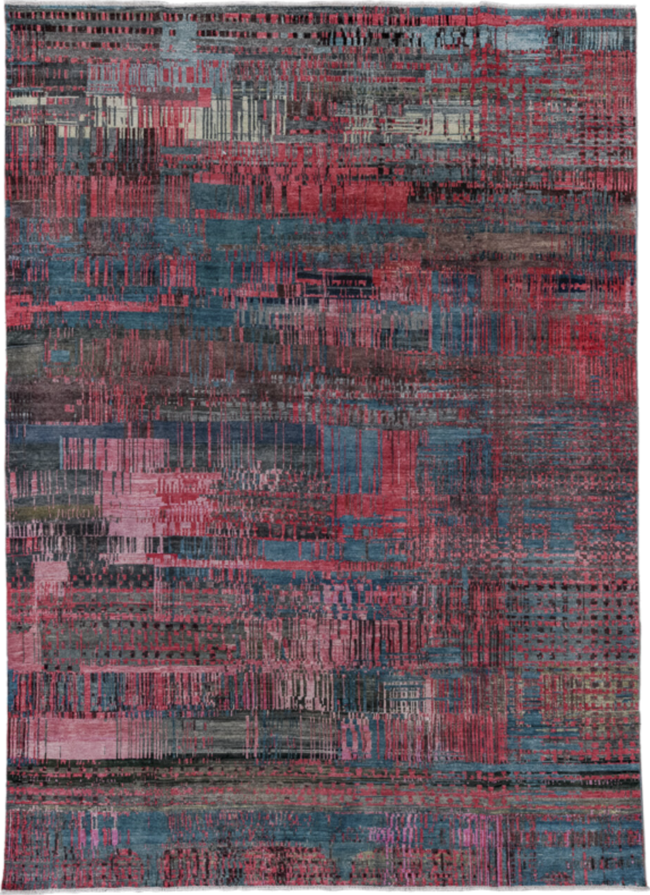 9' x 13' one-of-a-kind handmade vintage Contemporary large size rug. Color palette: black, blue, brown, charcoal, dark gray