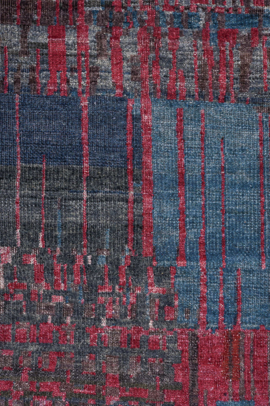 9' x 13' one-of-a-kind handmade handmade Contemporary large size rug. Color palette: charcoal, rose, slate, crimson, blue