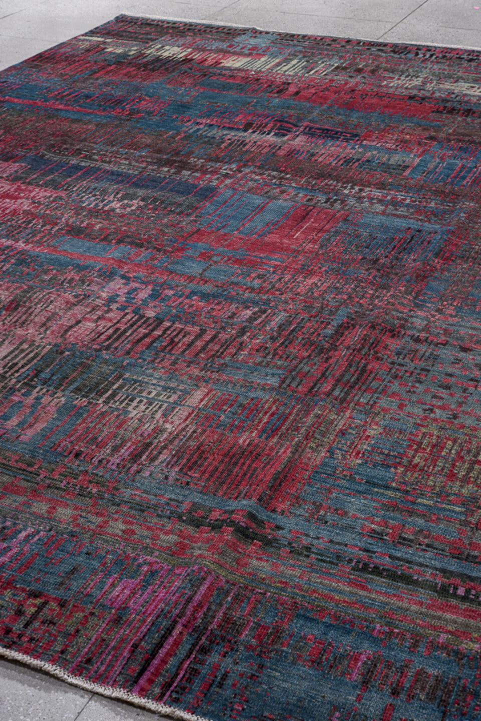 9' x 13' one-of-a-kind handmade handmade Contemporary large size rug. Color palette: charcoal, rose, slate, crimson, blue