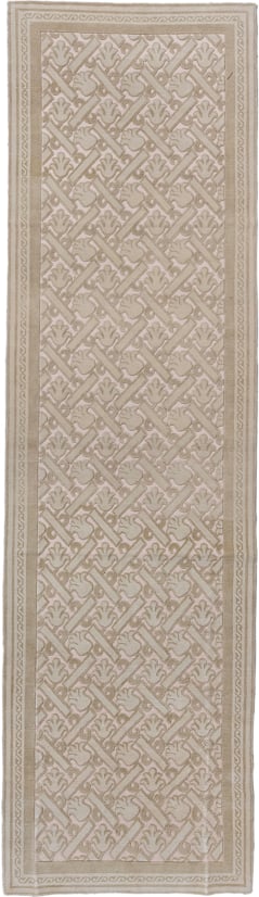 4' x 15' one-of-a-kind handmade handmade Contemporary runner rug. Color palette: ivory, taupe, beige, sand, gray