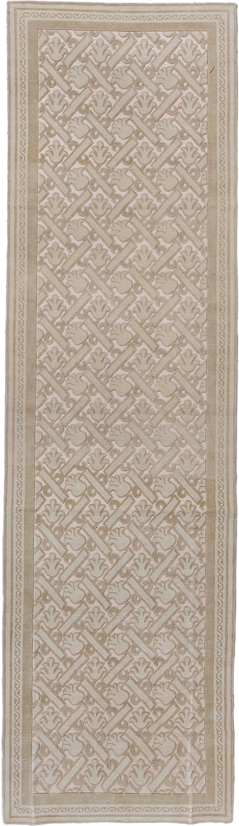 4' x 15' one-of-a-kind handmade handmade Contemporary runner rug. Color palette: ivory, taupe, beige, sand, gray