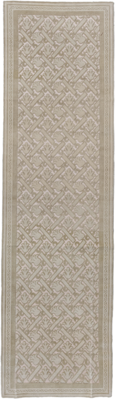 4' x 15' one-of-a-kind handmade handmade Contemporary runner rug. Color palette: ivory, taupe, beige, sand, gray