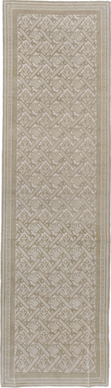 4' x 15' one-of-a-kind handmade vintage Contemporary runner rug. Color palette: gray, light gray, off-white, pink, silver