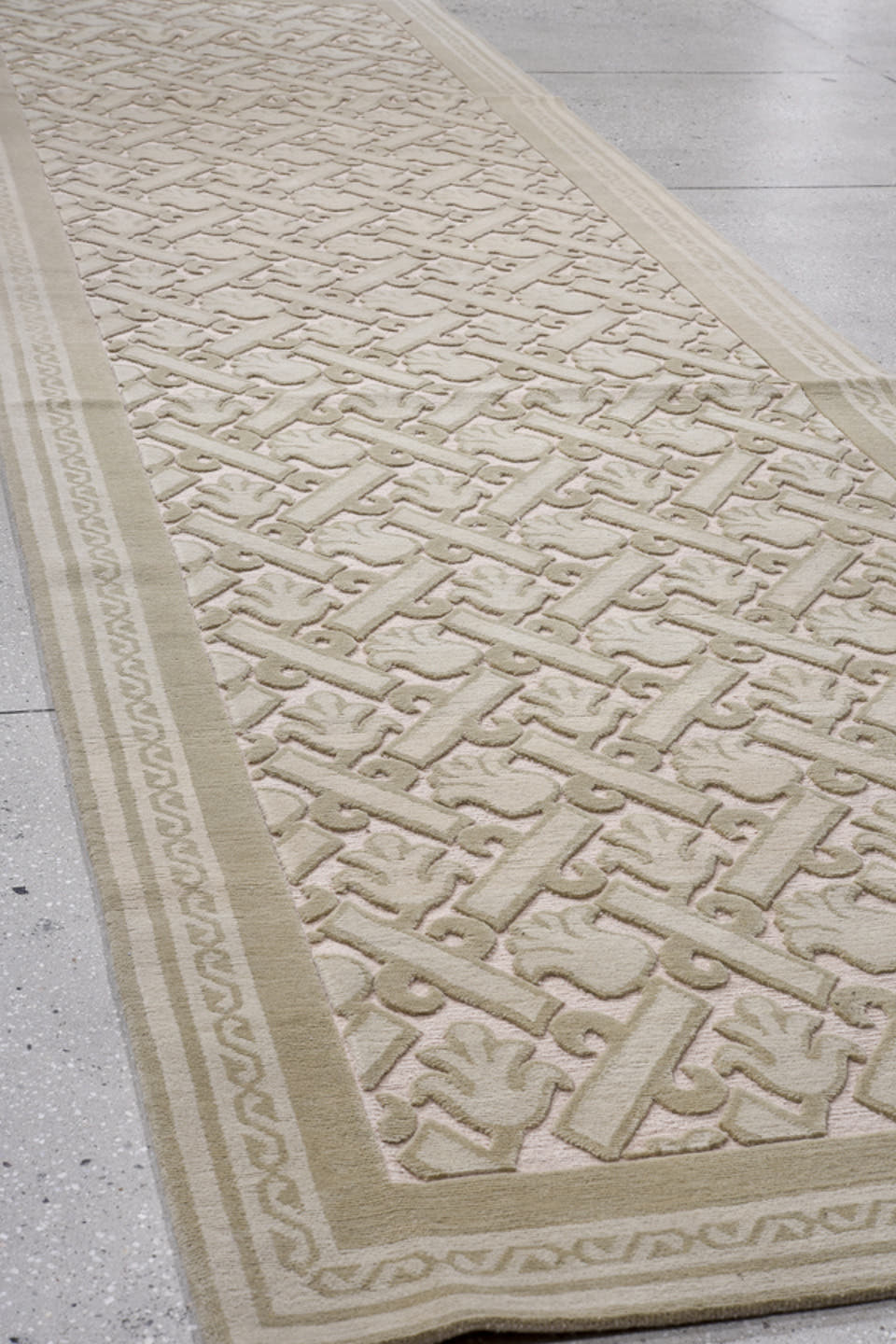 4' x 15' one-of-a-kind handmade handmade Contemporary runner rug. Color palette: ivory, taupe, beige, sand, gray