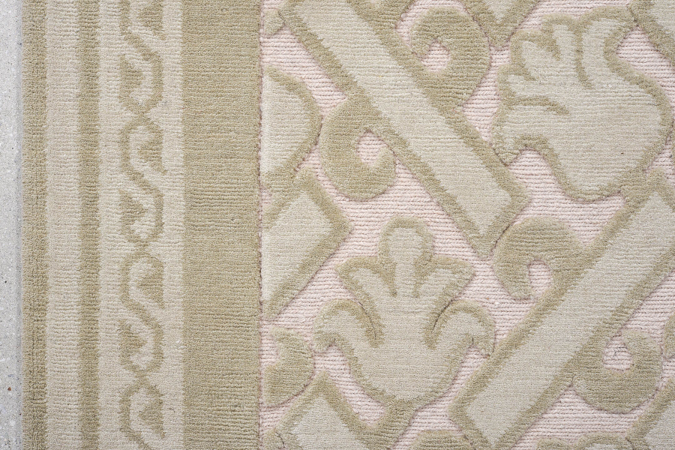 4' x 15' one-of-a-kind handmade vintage Contemporary runner rug. Color palette: gray, light gray, off-white, pink, silver