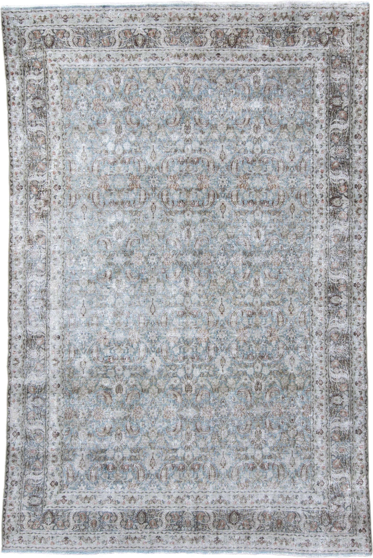 6' x 9' one-of-a-kind handmade antique Khorassan medium size rug. Color palette: ivory, pale blue, taupe, blue gray