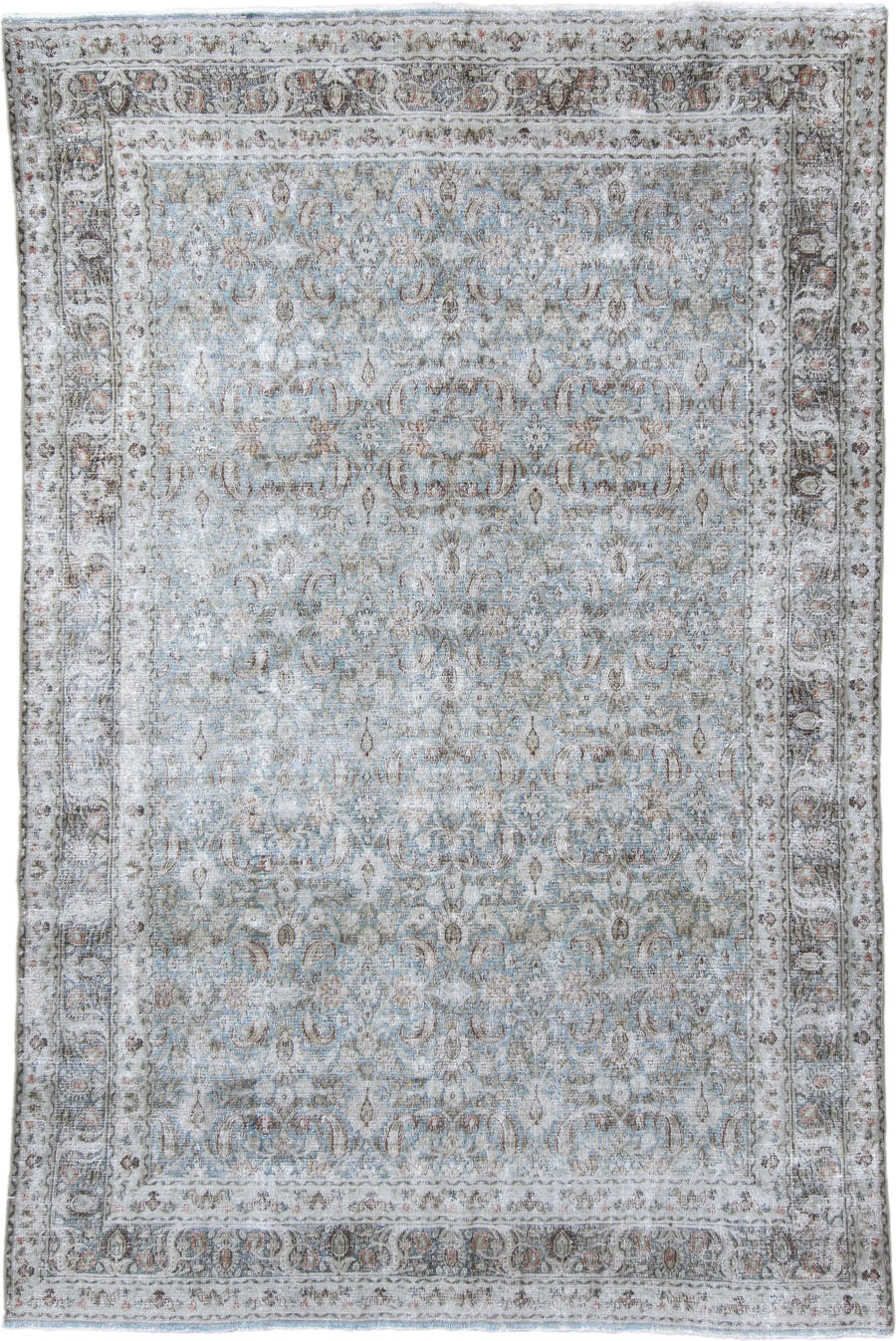 6' x 9' one-of-a-kind handmade antique Khorassan medium size rug. Color palette: ivory, pale blue, taupe, blue gray