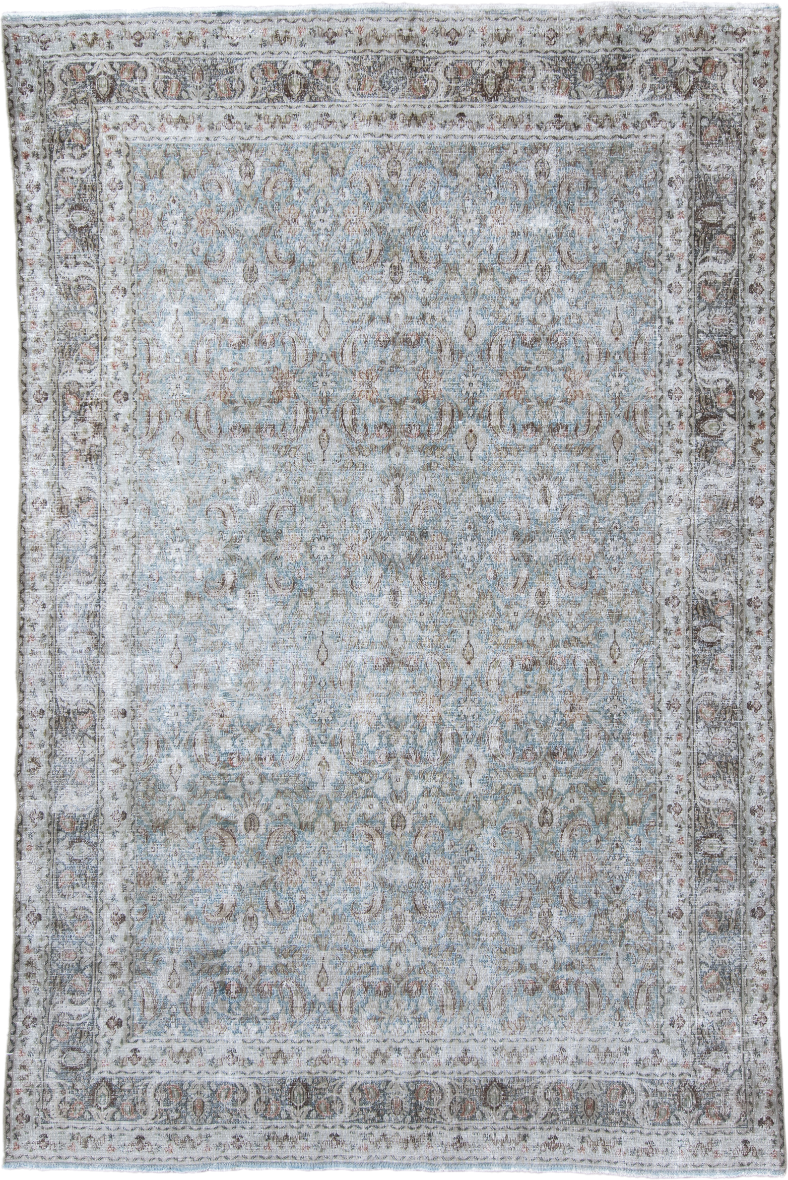 6' x 9' one-of-a-kind handmade antique Khorassan medium size rug. Color palette: ivory, pale blue, taupe, gray, muted rust