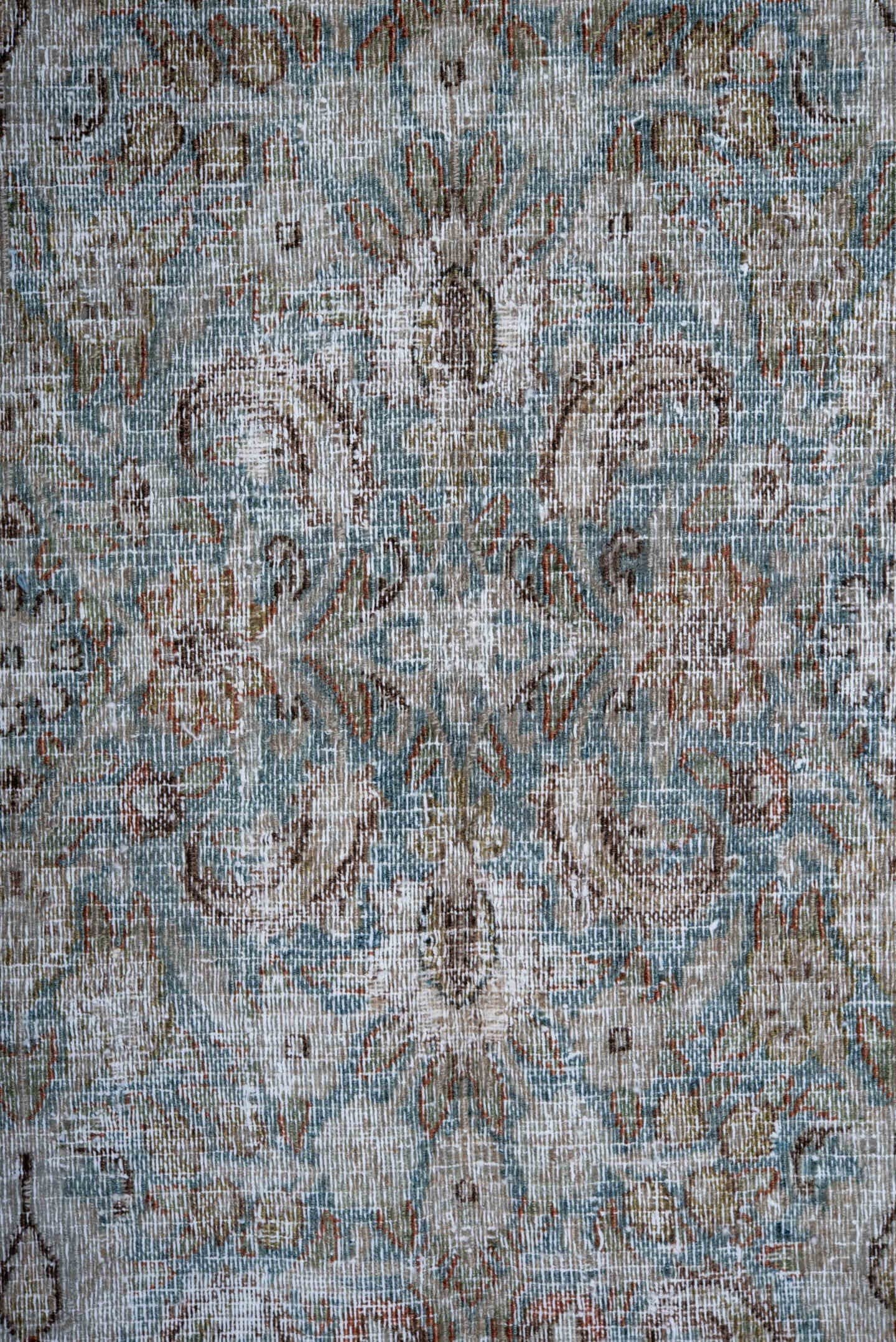6' x 9' one-of-a-kind handmade antique Khorassan medium size rug. Color palette: ivory, pale blue, taupe, blue gray