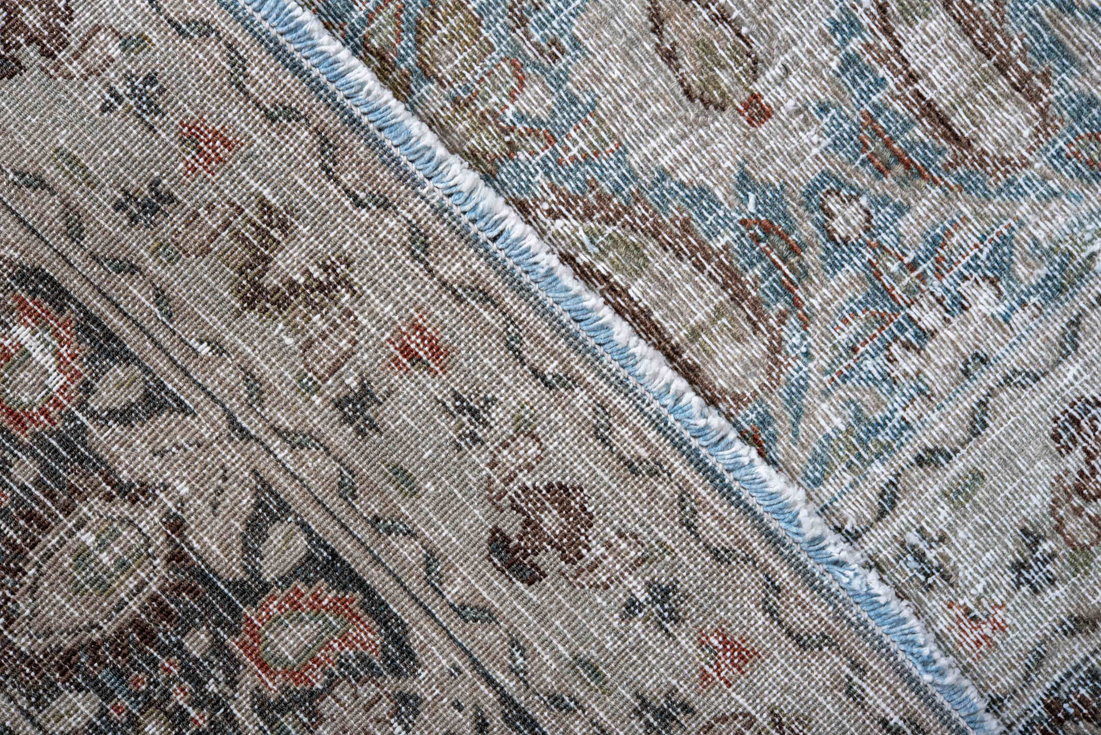 6' x 9' one-of-a-kind handmade antique Khorassan medium size rug. Color palette: ivory, pale blue, taupe, gray, muted rust