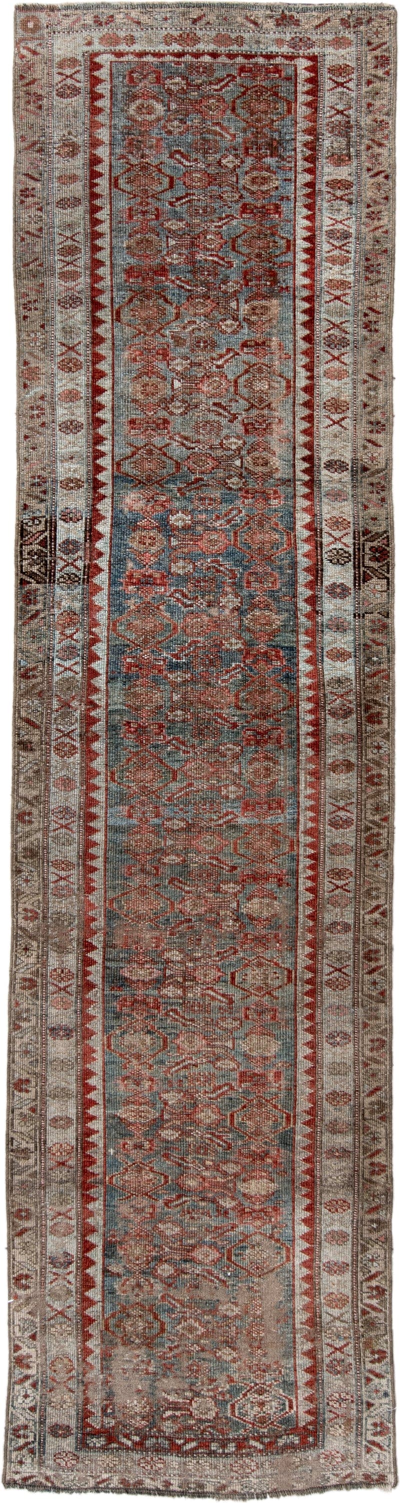 3' x 11' one-of-a-kind handmade antique Kurd runner rug. Color palette: ivory, rust, blue, taupe, brown, charcoal