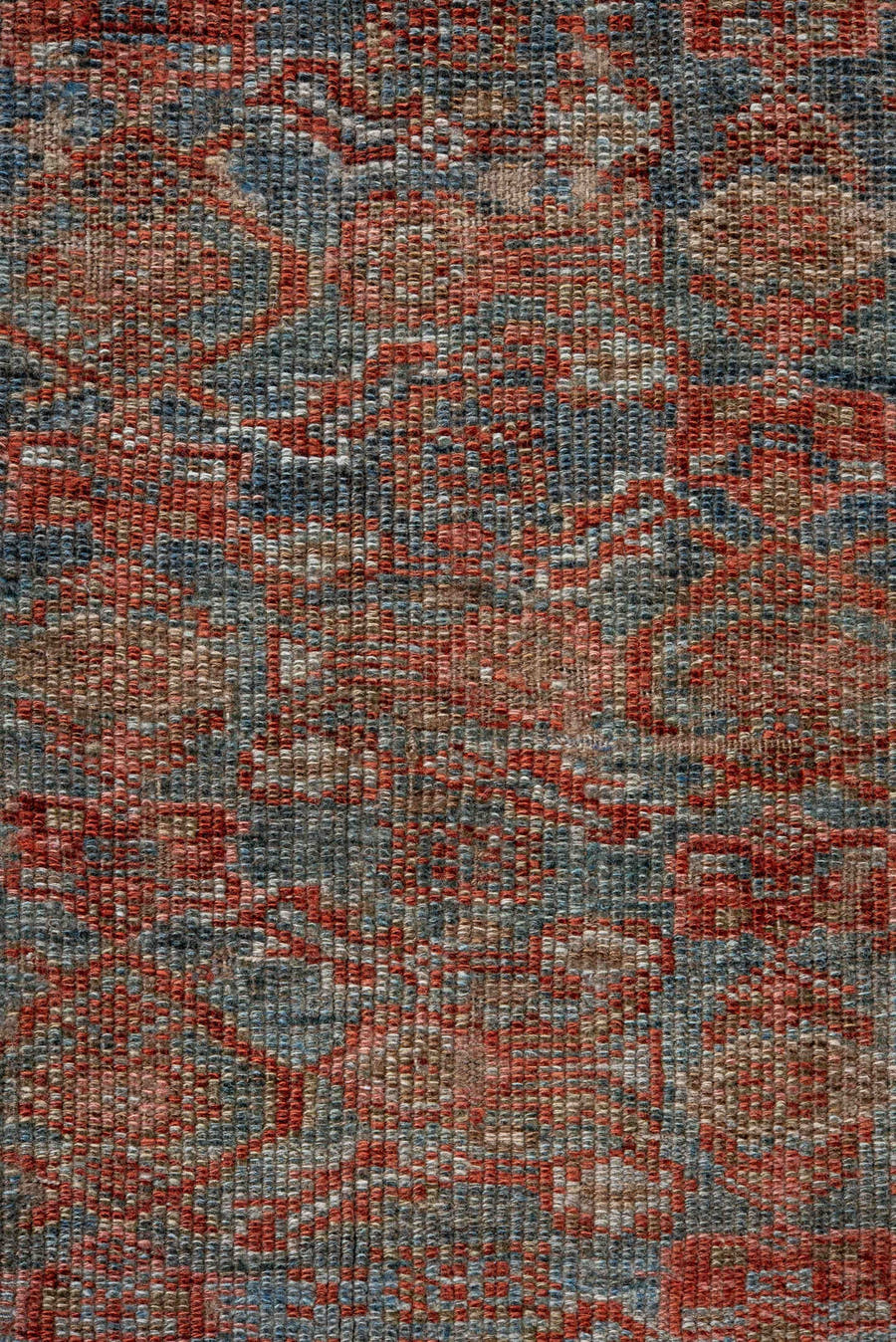 3' x 11' one-of-a-kind handmade antique Kurd runner rug. Color palette: ivory, rust, blue, taupe, brown, charcoal