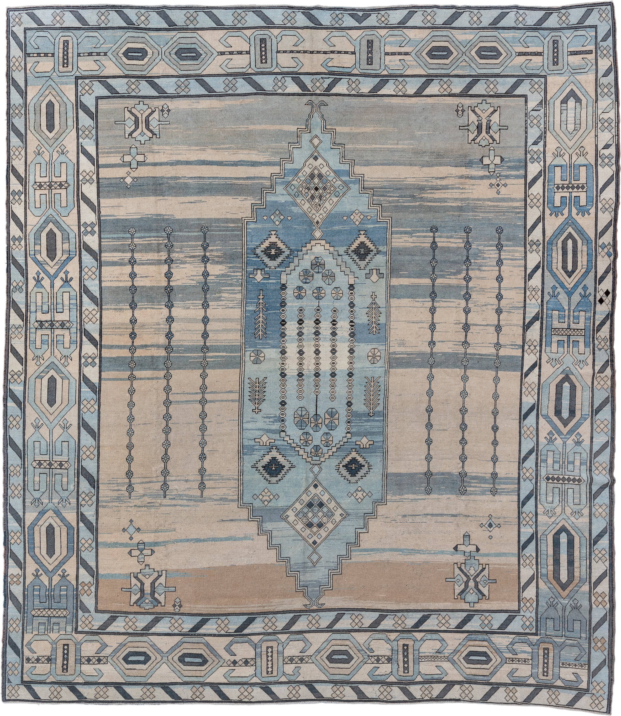 12' x 14' one-of-a-kind handmade antique Kars oversize rug. Color palette: ivory, pale blue, slate, sky blue, taupe