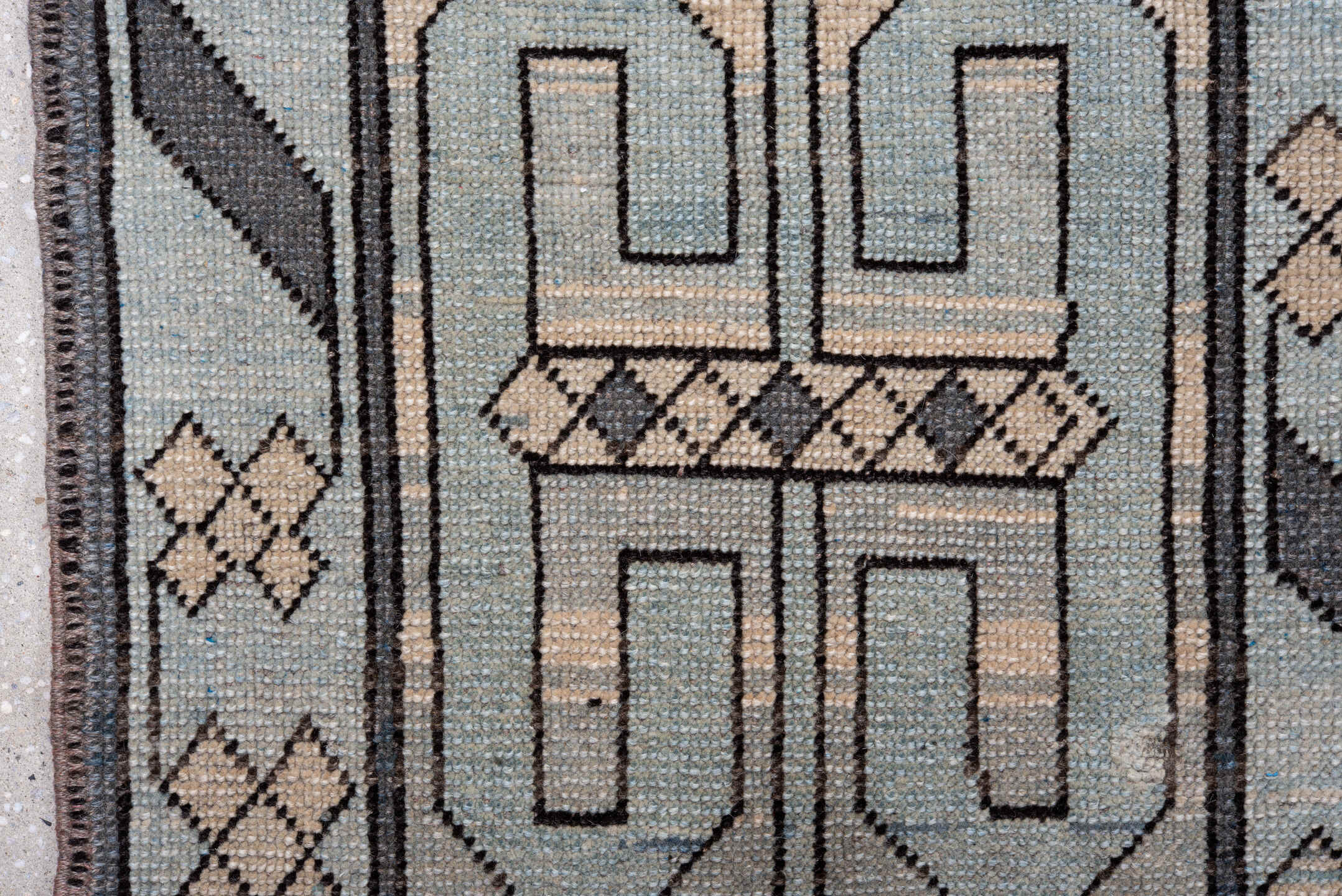 12' x 14' one-of-a-kind handmade antique Kars oversize rug. Color palette: ivory, pale blue, slate, sky blue, taupe