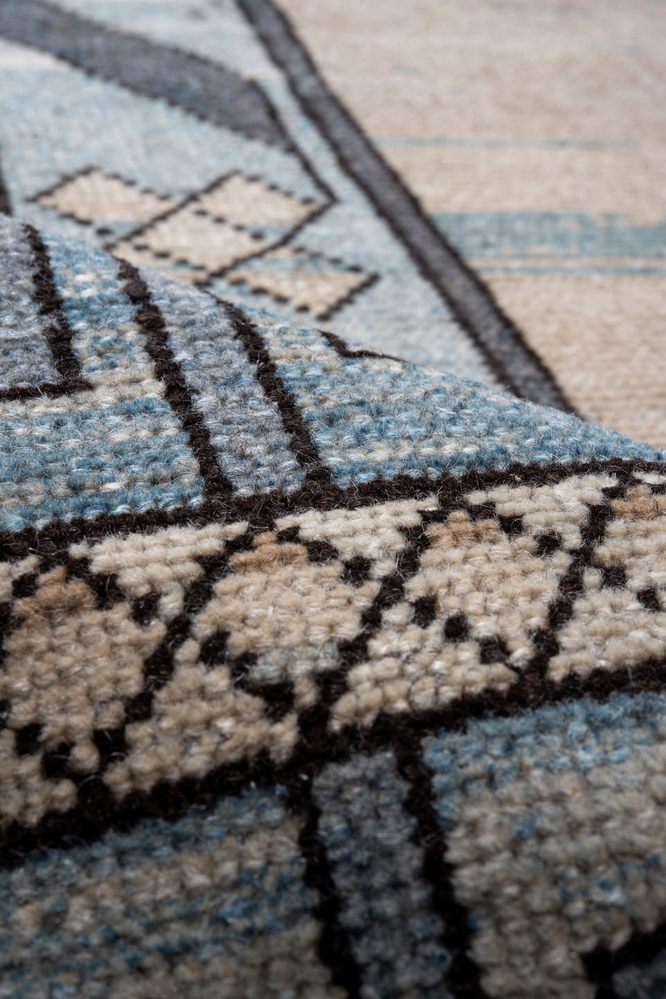 12' x 14' one-of-a-kind handmade antique Kars oversize rug. Color palette: ivory, pale blue, slate, sky blue, taupe