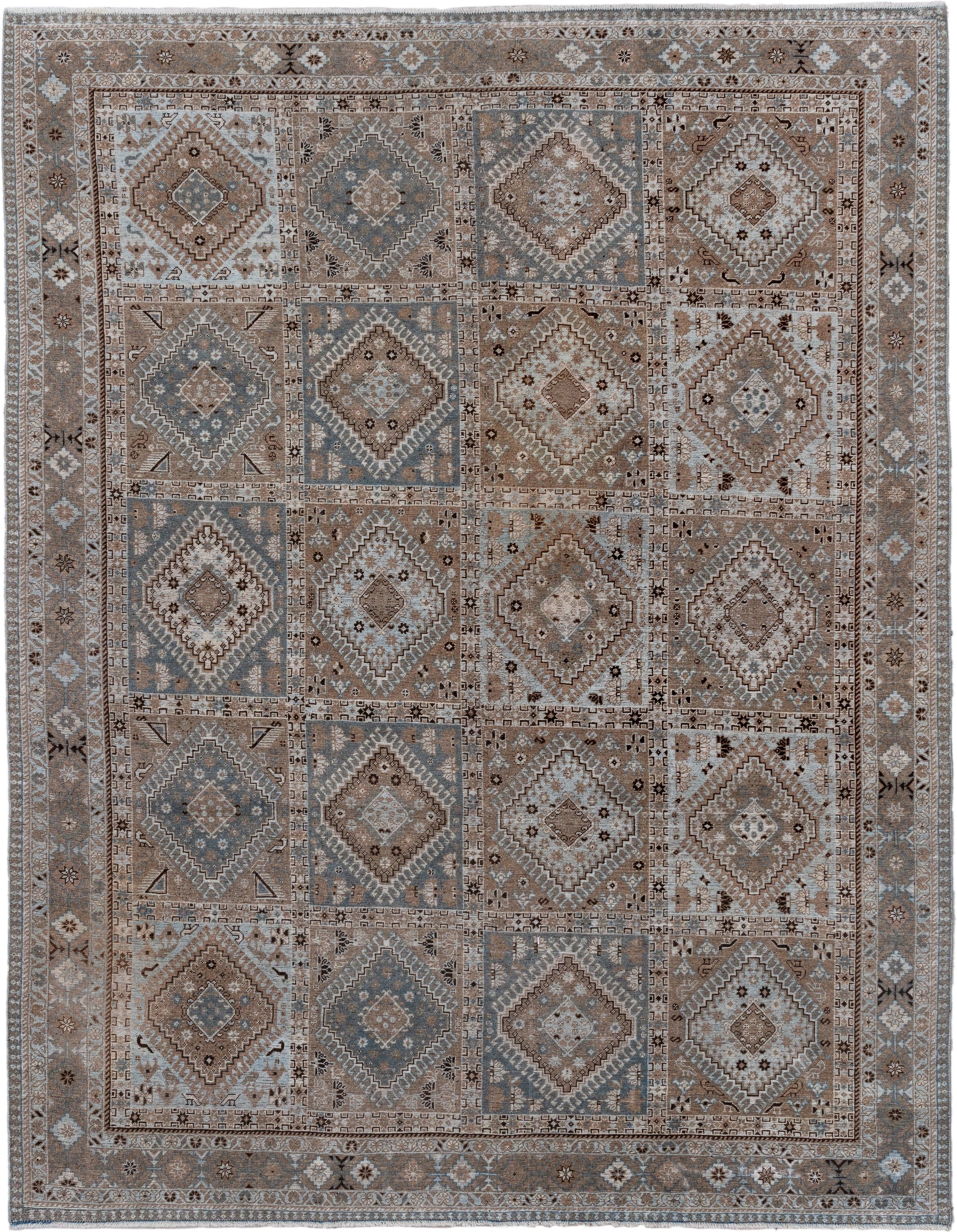 6' x 8' one-of-a-kind handmade antique Shiraz medium size rug. Color palette: taupe, camel, slate, ivory, brown, charcoal