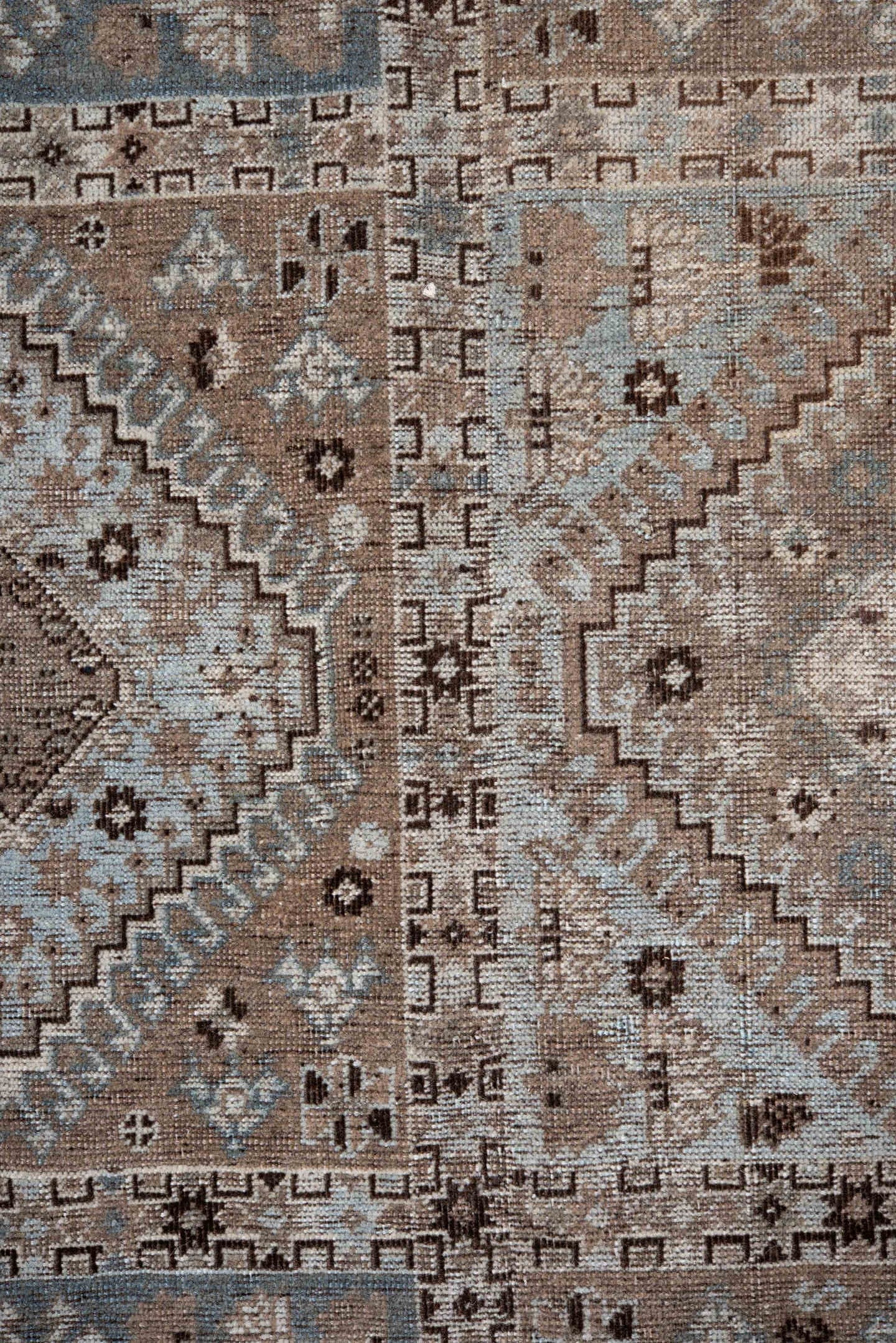 6' x 8' one-of-a-kind handmade antique Shiraz medium size rug. Color palette: taupe, camel, slate, ivory, brown, charcoal