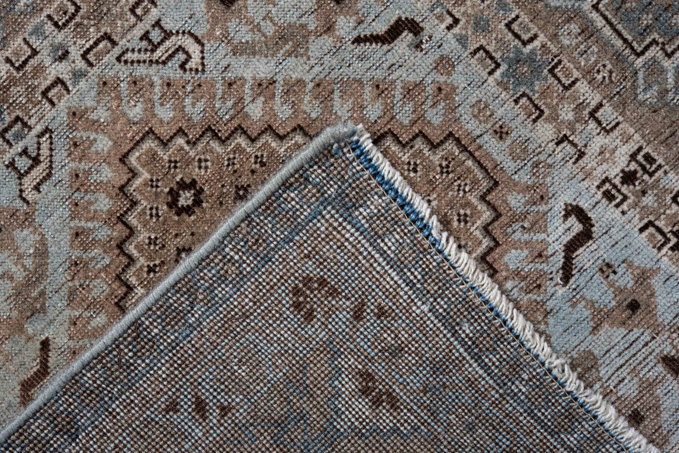 6' x 8' one-of-a-kind handmade antique Shiraz medium size rug. Color palette: taupe, camel, slate, ivory, brown, charcoal