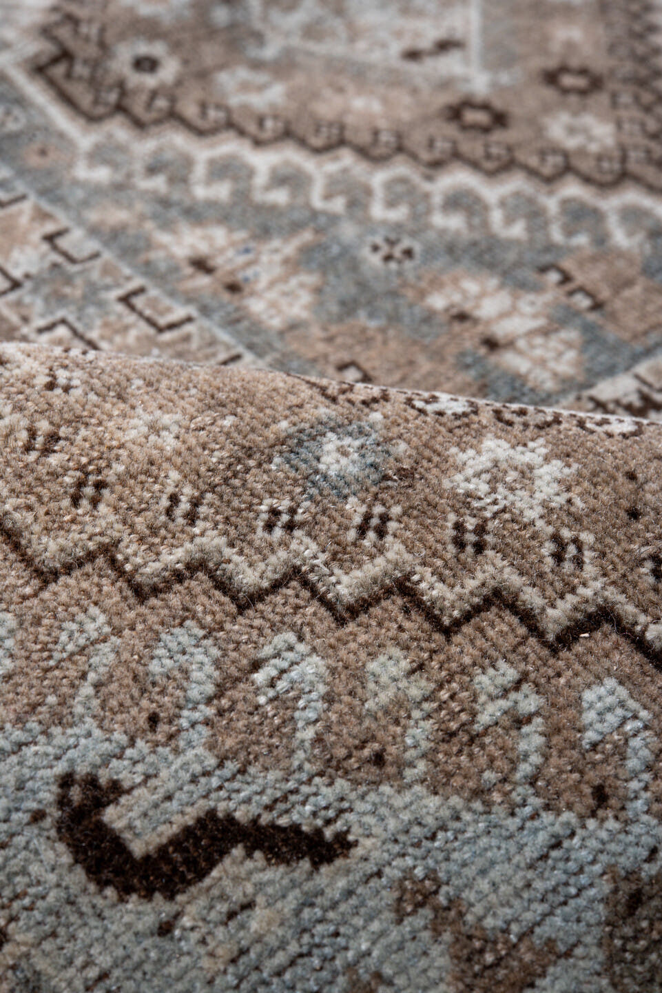 6' x 8' one-of-a-kind handmade antique Shiraz medium size rug. Color palette: taupe, camel, slate, ivory, brown, charcoal